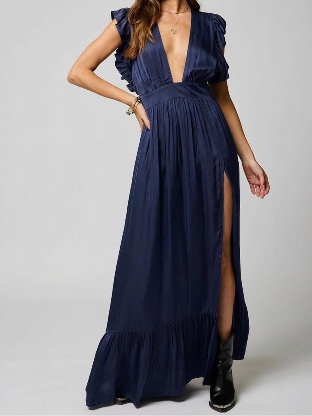 STILLWATER What If Maxi Dress Deep V Navy Maxi Dress with Thigh Slit Size Large
